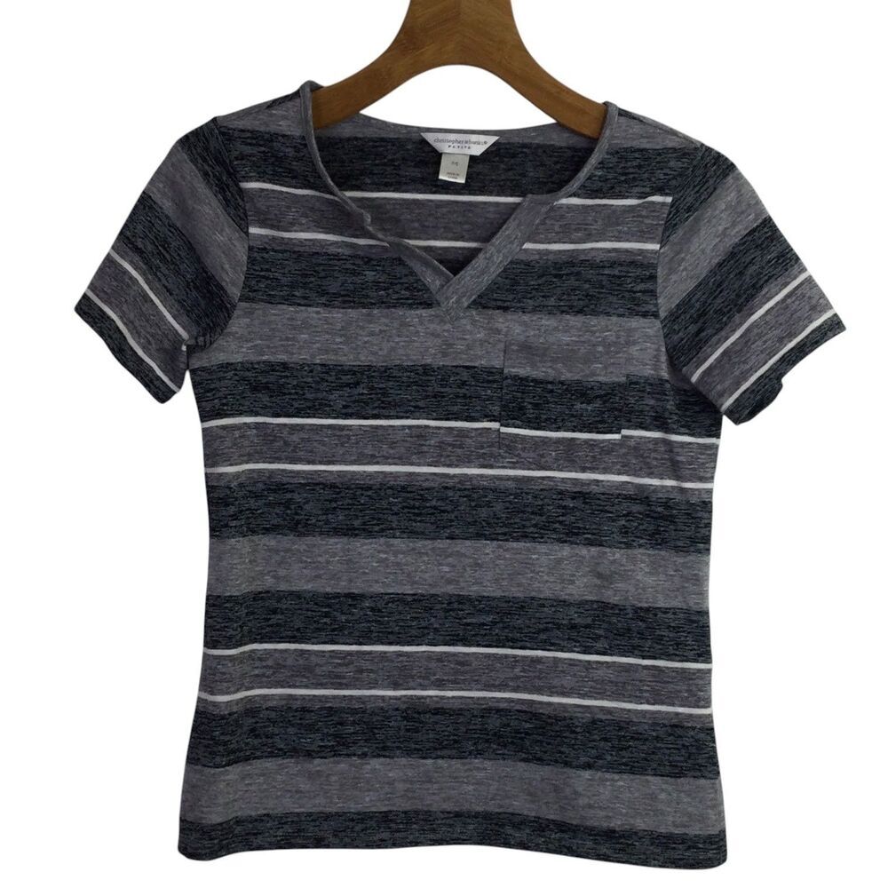 Christopher & Banks Womens V-Neck T-Shirt Short Sleeves Striped Gray Size PS